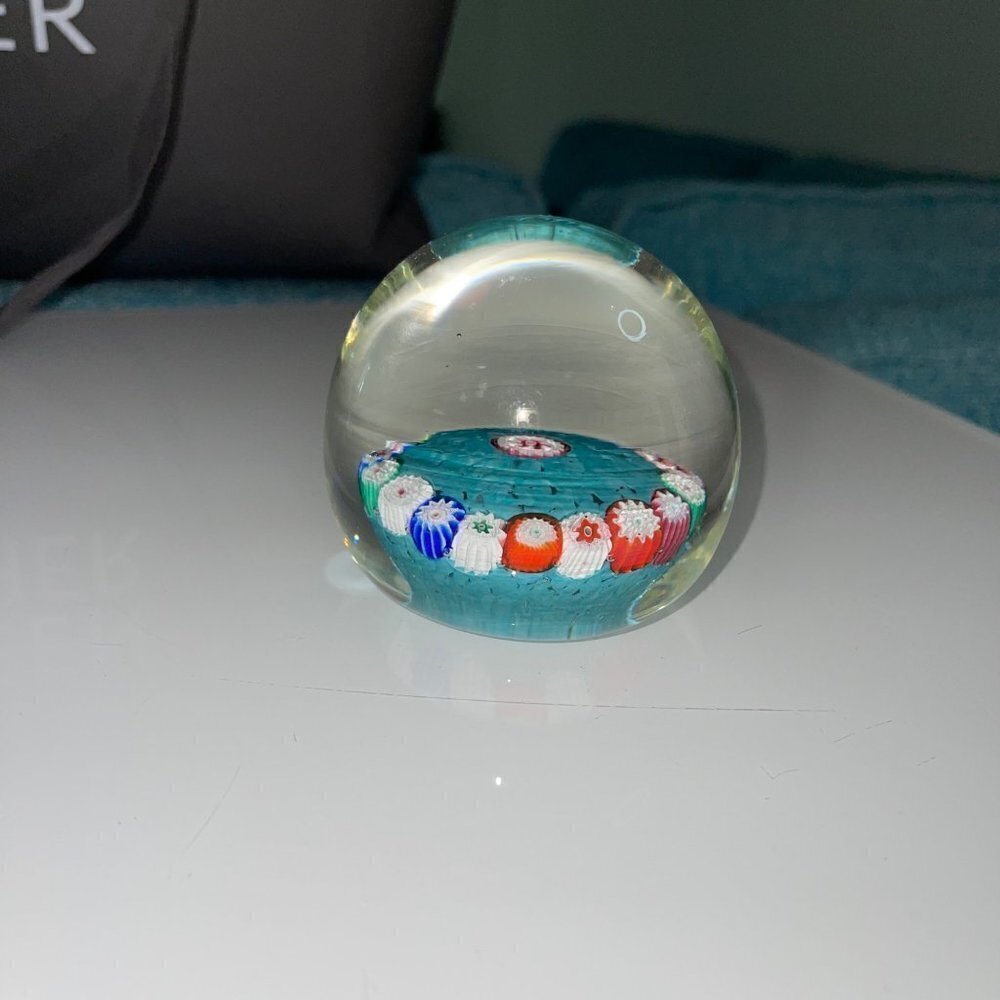 Vintage Millefiori Art Glass Turquoise Multicolor Paperweight Collectible - Picture 8 of 15